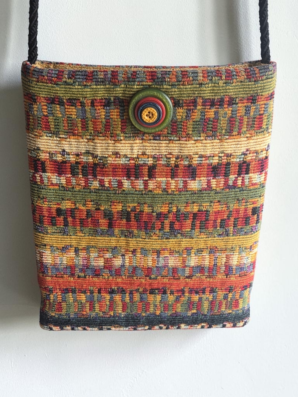 Boho Multicolor Woven Tapestry Crossbody Bag with Button Accent-Vintage Y2K